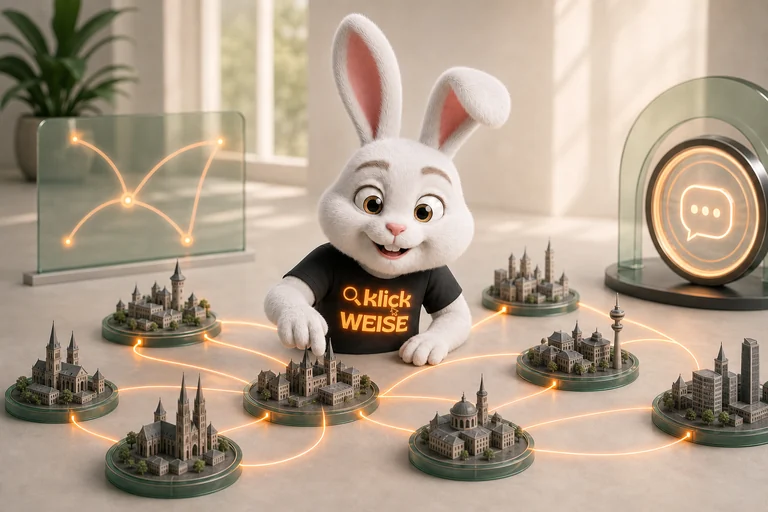 Klickweise-Maskottchen visualisiert KI Suche NRW in einer eigenständigen Mess- und Analyseszene.